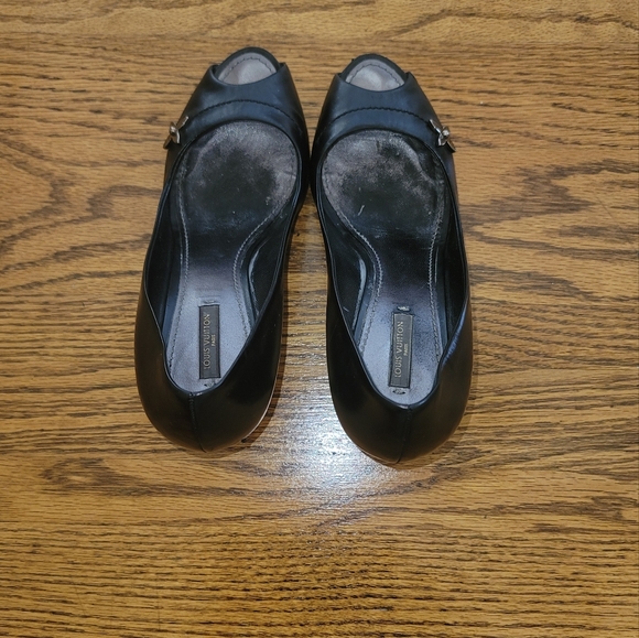 Louis Vuitton Black Genuine Leather Logo Peep Toe Sandal Shoes Pumps Heels - Picture 4 of 16